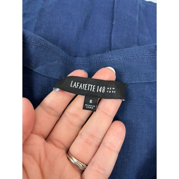 Lafayette 148 women's 6 navy blue linen pleated collared button down 3/4 sleeve - Picture 8 of 9